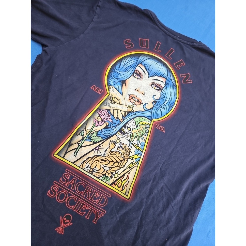 Sullen Art Collective T-Shirt Sacred Society Pin-Up Tiger Keyhole Skull Med